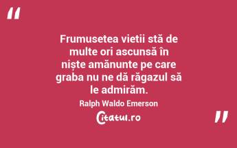 Frumusețea vieții stă de multe ori ascunsă în niște amănunte pe care graba nu ne dă răgazul să le admirăm. Ralph Waldo Emerson...