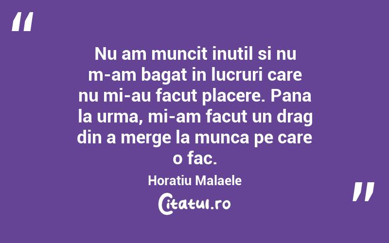 Nu am muncit inutil si nu m-am bagat in lucruri care nu mi-au facut placere. Pana la urma, mi-am facut un drag din a merge la munca pe care o fac.  Horatiu Malaele

