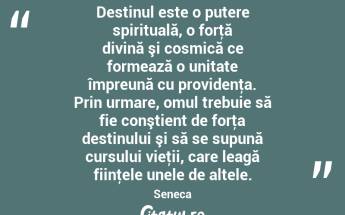 Destinul este o putere spirituală, o forţă divină şi cosmică ce formează o unitate împreună cu providenţa. Prin urmare, omul trebuie să fie conştient de forţa destinului şi să se supună cursului vieţii, care leagă fiinţele unele de altele. Seneca...