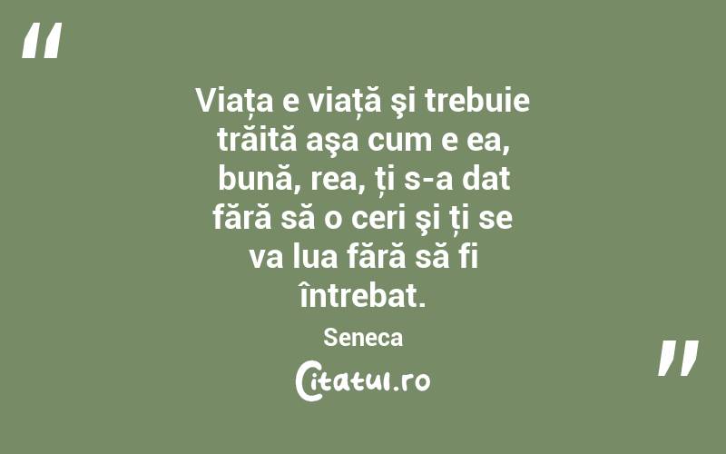 Viaţa e viaţă şi trebuie trăită aşa cum e ea, bună, rea, ţi s-a dat fără să o ceri şi ţi se va lua fără să fi întrebat. Seneca
