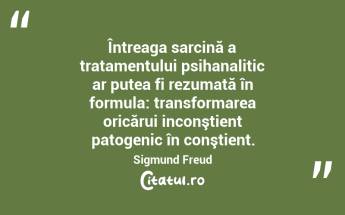Întreaga sarcină a tratamentului psihanalitic ar putea fi rezumată în formula: transformarea oricărui inconştient patogenic în conştient. Sigmund Freud...
