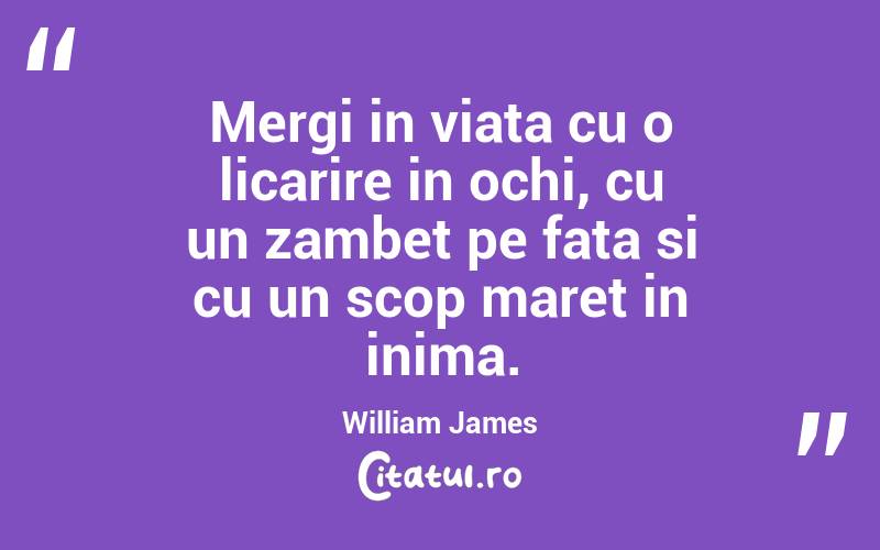Mergi in viata cu o licarire in ochi, cu un zambet pe fata si cu un scop maret in inima. William James