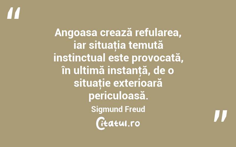 Angoasa crează refularea, iar situaţia temută instinctual este provocată, în ultimă instanţă, de o situaţie exterioară periculoasă. Sigmund Freud