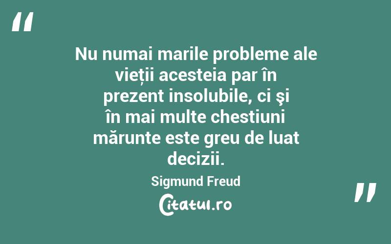 Nu numai marile probleme ale vieţii acesteia par în prezent insolubile, ci şi în mai multe chestiuni mărunte este greu de luat decizii. Sigmund Freud
