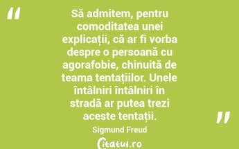 Să admitem, pentru comoditatea unei explicaţii, că ar fi vorba despre o persoană cu agorafobie, chinuită de teama tentaţiilor. Unele întâlniri întâlniri în stradă ar putea trezi aceste tentaţii. Sigmund Freud...
