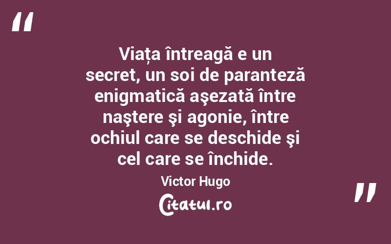 Viaţa întreagă e un secret, un soi de paranteză enigmatică aşezată între naştere şi agonie, între ochiul care se deschide şi cel care se închide. Victor Hugo