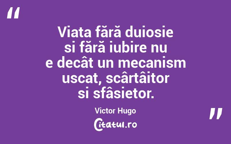 Viata fără duiosie si fără iubire nu e decât un mecanism uscat, scârtâitor si sfâsietor. Victor Hugo
