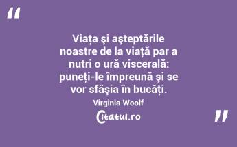 Viaţa şi aşteptările noastre de la viaţă par a nutri o ură viscerală: puneţi-le împreună şi se vor sfâşia în bucăţi. Virginia Woolf...