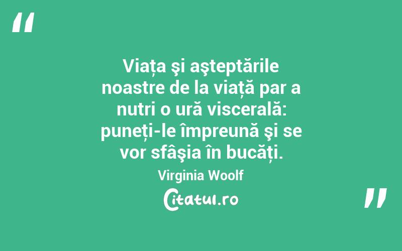 Viaţa şi aşteptările noastre de la viaţă par a nutri o ură viscerală: puneţi-le împreună şi se vor sfâşia în bucăţi. Virginia Woolf
