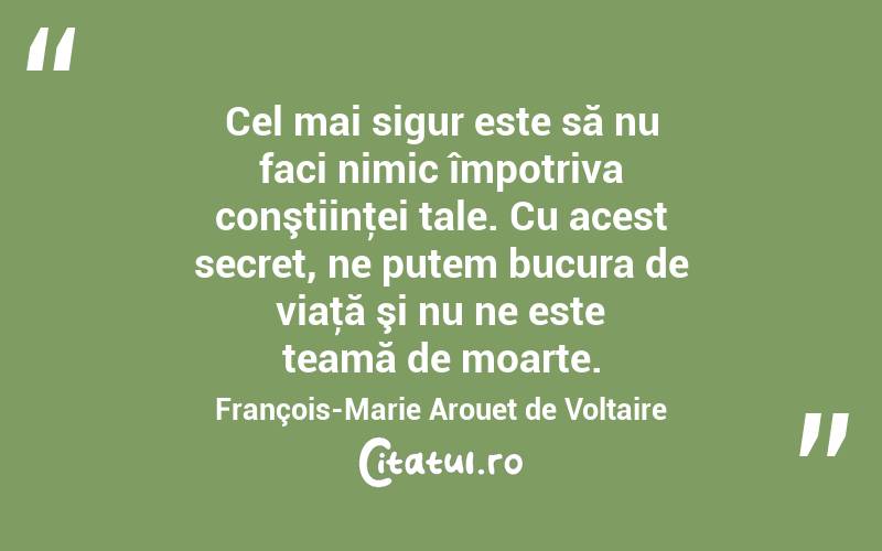 Cel mai sigur este să nu faci nimic împotriva conştiinţei tale. Cu acest secret, ne putem bucura de viaţă şi nu ne este teamă de moarte. François-Marie Arouet de Voltaire
