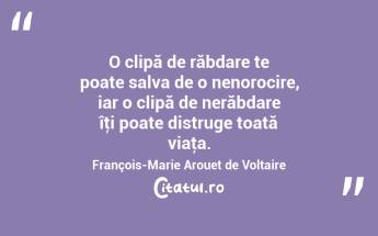 O clipă de răbdare te poate salva de o nenorocire, iar o clipă de nerăbdare îţi poate distruge toată viaţa. François-Marie Arouet de Voltaire...