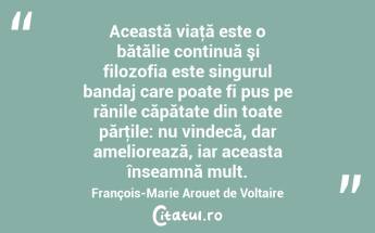 Această viaţă este o bătălie continuă şi filozofia este singurul bandaj care poate fi pus pe rănile căpătate din toate părţile: nu vindecă, dar ameliorează, iar aceasta înseamnă mult. François-Marie Arouet de Voltaire...