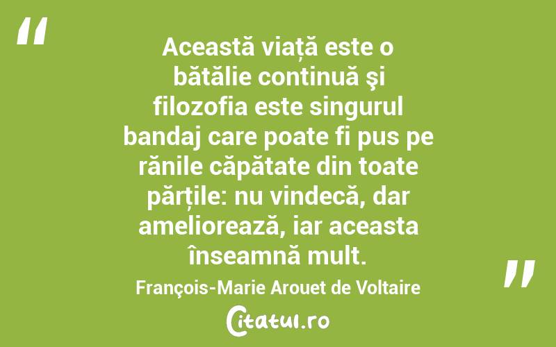 Această viaţă este o bătălie continuă şi filozofia este singurul bandaj care poate fi pus pe rănile căpătate din toate părţile: nu vindecă, dar ameliorează, iar aceasta înseamnă mult. François-Marie Arouet de Voltaire
