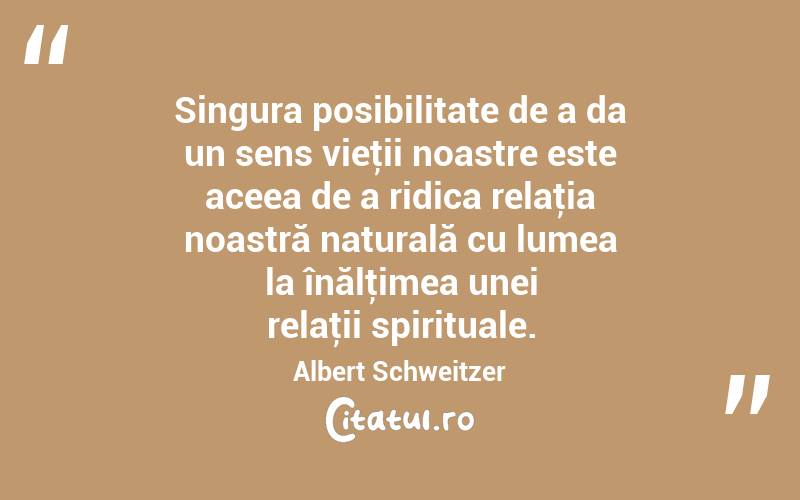 Singura posibilitate de a da un sens vieţii noastre este aceea de a ridica relaţia noastră naturală cu lumea la înălţimea unei relaţii spirituale. Albert Schweitzer

