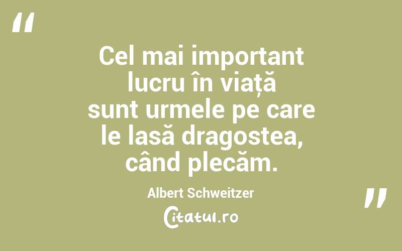 Cel mai important lucru în viaţă sunt urmele pe care le lasă dragostea, când plecăm. Albert Schweitzer

