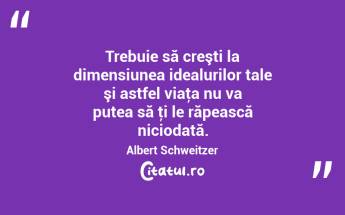 Trebuie să creşti la dimensiunea idealurilor tale şi astfel viaţa nu va putea să ţi le răpească niciodată. Albert Schweitzer...