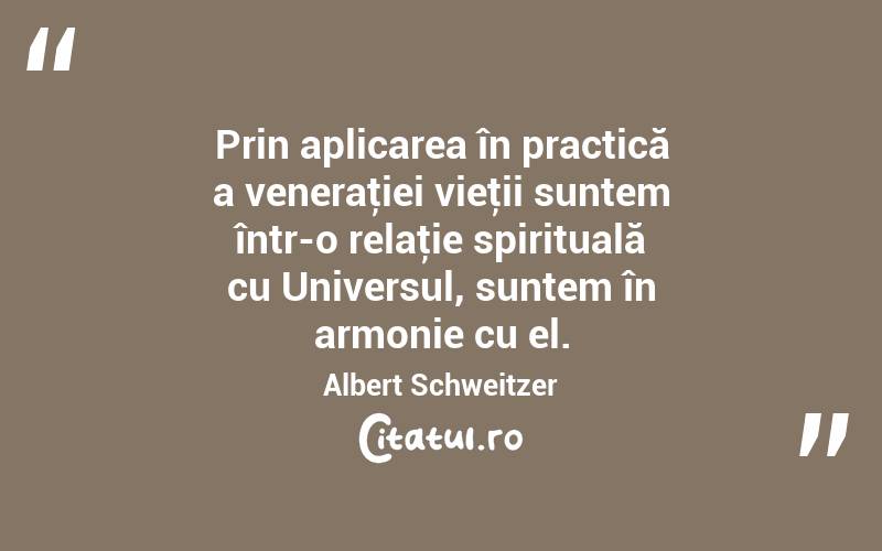 Prin aplicarea în practică a veneraţiei vieţii suntem într-o relaţie spirituală cu Universul, suntem în armonie cu el. Albert Schweitzer
