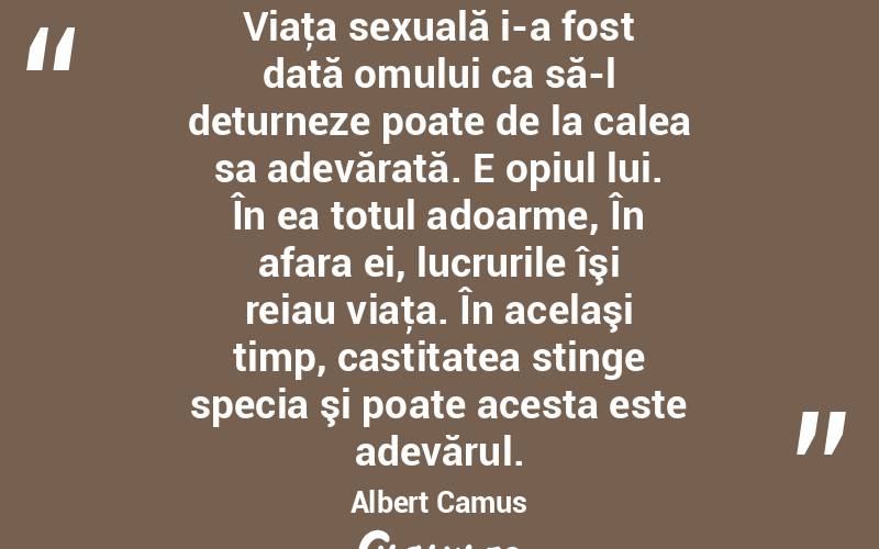 Viaţa sexuală i-a fost dată omului ca să-l deturneze poate de la calea sa adevărată. E opiul lui. În ea totul adoarme, În afara ei, lucrurile îşi reiau viaţa. În acelaşi timp, castitatea stinge specia şi poate acesta este adevărul. Albert Camus