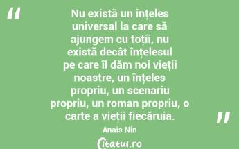 Nu există un înţeles universal la care să ajungem cu toţii, nu există decât înţelesul pe care îl dăm noi vieţii noastre, un înţeles propriu, un scenariu propriu, un roman propriu, o carte a vieţii fiecăruia. Anais Nin...