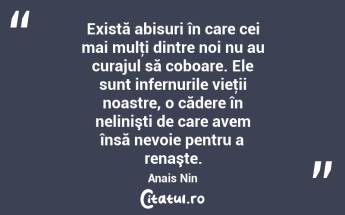 Există abisuri în care cei mai mulţi dintre noi nu au curajul să coboare. Ele sunt infernurile vieţii noastre, o cădere în nelinişti de care avem însă nevoie pentru a renaşte. Anais Nin...