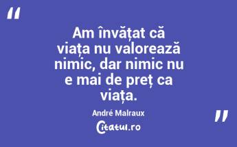 Am învăţat că viaţa nu valorează nimic, dar nimic nu e mai de preţ ca viaţa. André Malraux...