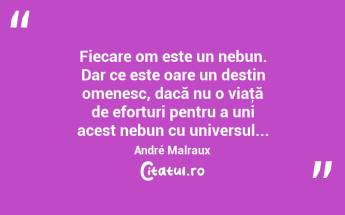 Fiecare om este un nebun. Dar ce este oare un destin omenesc, dacă nu o viaţă de eforturi pentru a uni acest nebun cu universul... André Malraux...