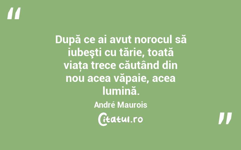 După ce ai avut norocul să iubeşti cu tărie, toată viaţa trece căutând din nou acea văpaie, acea lumină. André Maurois