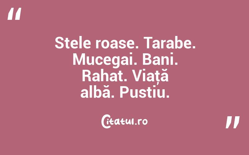 Stele roase. Tarabe. Mucegai. Bani. Rahat. Viaţă albă. Pustiu. 
