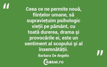 Ceea ce ne permite nouă, fiinţelor umane, să supravieţuim psihologic vieţii pe pământ, cu toată durerea, drama şi provocările ei, este un sentiment al scopului şi al însemnătăţii. Barbara De Angelis...