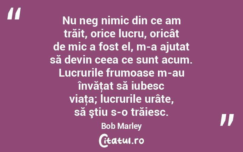 Nu neg nimic din ce am trăit, orice lucru, oricât de mic a fost el, m-a ajutat să devin ceea ce sunt acum. Lucrurile frumoase m-au învăţat să iubesc viaţa; lucrurile urâte, să ştiu s-o trăiesc. Bob Marley