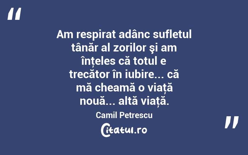 Am respirat adânc sufletul tânăr al zorilor şi am înţeles că totul e trecător în iubire... că mă cheamă o viaţă nouă... altă viaţă. Camil Petrescu
