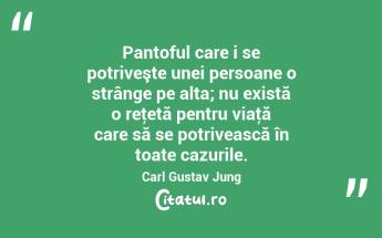 Pantoful care i se potriveşte unei persoane o strânge pe alta; nu există o reţetă pentru viaţă care să se potrivească în toate cazurile. Carl Gustav Jung...