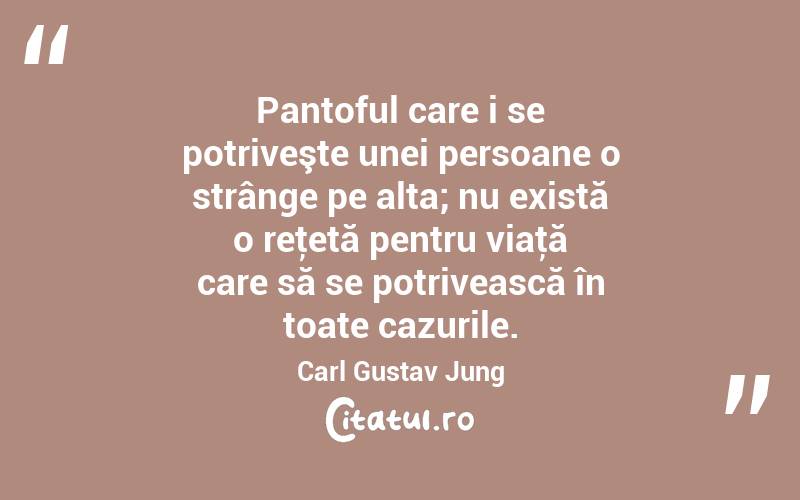 Pantoful care i se potriveşte unei persoane o strânge pe alta; nu există o reţetă pentru viaţă care să se potrivească în toate cazurile. Carl Gustav Jung