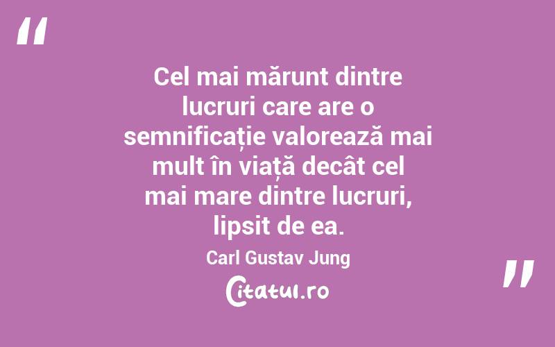 Cel mai mărunt dintre lucruri care are o semnificaţie valorează mai mult în viaţă decât cel mai mare dintre lucruri, lipsit de ea. Carl Gustav Jung
