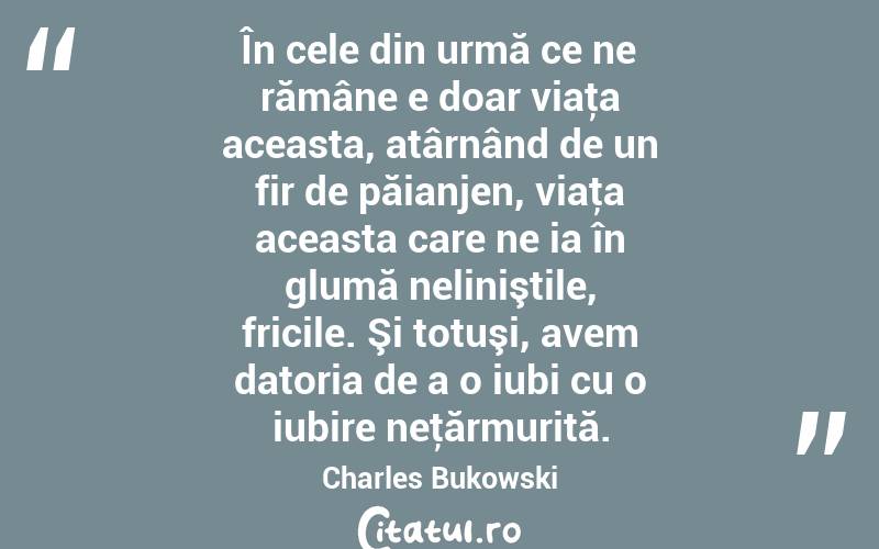 În cele din urmă ce ne rămâne e doar viaţa aceasta, atârnând de un fir de păianjen, viaţa aceasta care ne ia în glumă neliniştile, fricile. Şi totuşi, avem datoria de a o iubi cu o iubire neţărmurită. Charles Bukowski
