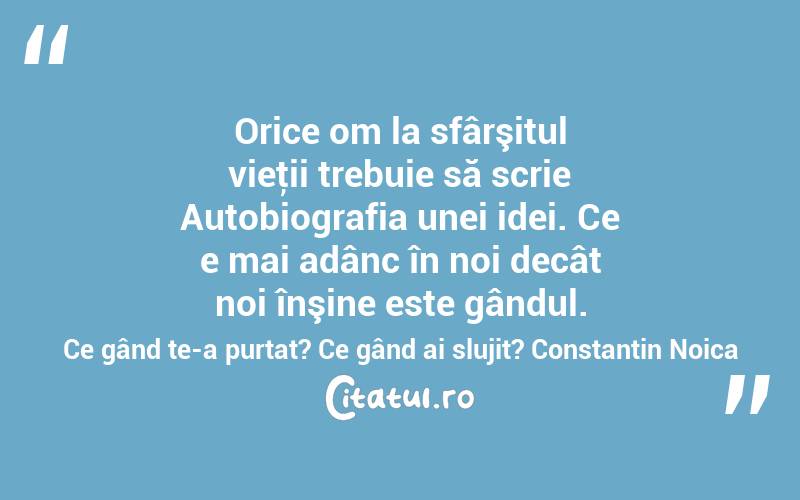 Orice om la sfârşitul vieţii trebuie să scrie Autobiografia unei idei. Ce e mai adânc în noi decât noi înşine este gândul. Ce gând te-a purtat? Ce gând ai slujit? Constantin Noica