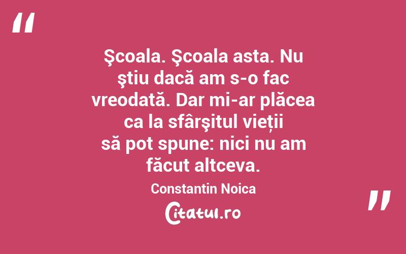 Şcoala. Şcoala asta. Nu ştiu dacă am s-o fac vreodată. Dar mi-ar plăcea ca la sfârşitul vieţii să pot spune: nici nu am făcut altceva. Constantin Noica
