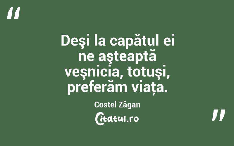 Deşi la capătul ei ne aşteaptă veşnicia, totuşi, preferăm viaţa. Costel Zăgan
