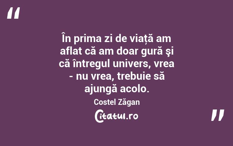 În prima zi de viaţă am aflat că am doar gură şi că întregul univers, vrea - nu vrea, trebuie să ajungă acolo. Costel Zăgan
