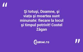 Şi totuşi, Doamne, şi viaţa şi moartea sunt minunate: fiecare la locul şi timpul potrivit! Costel Zăgan...