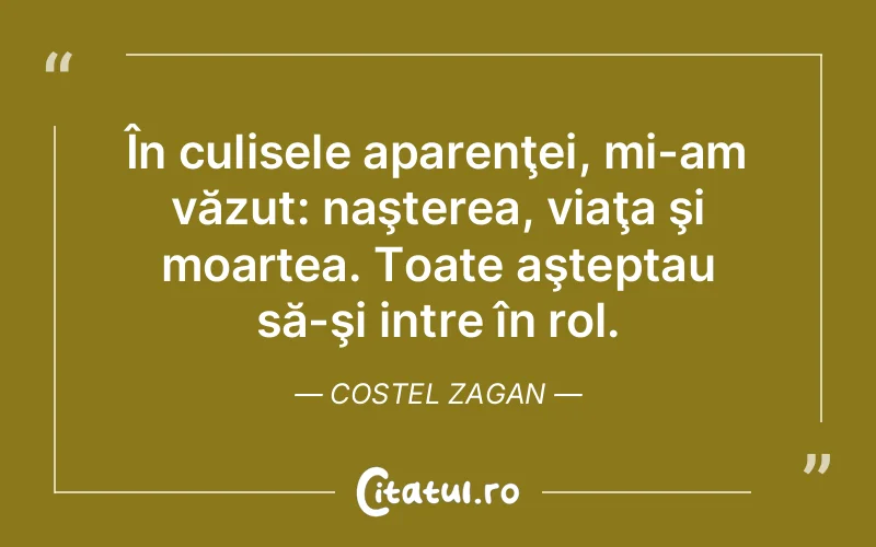 În culisele aparenţei, mi-am văzut: naşterea, viaţa şi moartea. Toate aşteptau să-şi intre în rol. Costel Zagan