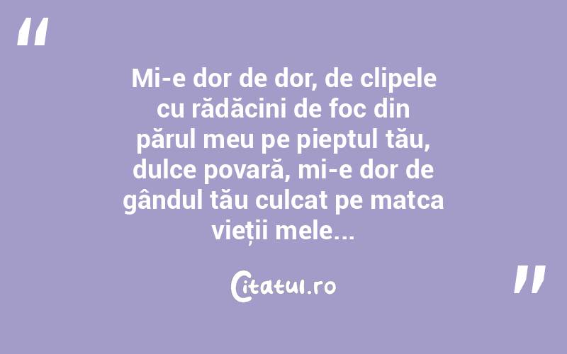 Mi-e dor de dor, de clipele cu rădăcini de foc din părul meu pe pieptul tău, dulce povară, mi-e dor de gândul tău culcat pe matca vieţii mele... 