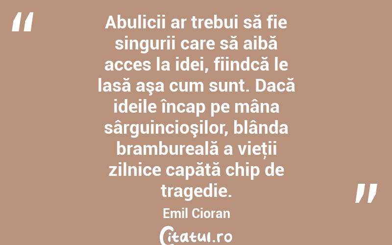 Abulicii ar trebui să fie singurii care să aibă acces la idei, fiindcă le lasă aşa cum sunt. Dacă ideile încap pe mâna sârguincioşilor, blânda brambureală a vieţii zilnice capătă chip de tragedie. Emil Cioran

