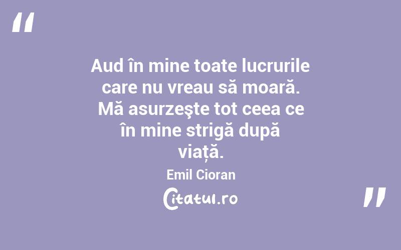 Aud în mine toate lucrurile care nu vreau să moară. Mă asurzeşte tot ceea ce în mine strigă după viaţă. Emil Cioran
