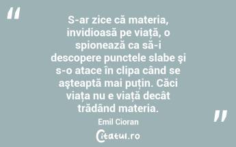 S-ar zice că materia, invidioasă pe viaţă, o spionează ca să-i descopere punctele slabe şi s-o atace în clipa când se aşteaptă mai puţin. Căci viaţa nu e viaţă decât trădând materia. Emil Cioran...