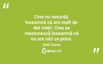 Cine nu renunţă, înseamnă că are mult de dat vieţii. Cine se resemnează înseamnă că nu are nici ce primi. Emil Cioran...