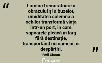 Lumina tremurătoare a obrazului şi a buzelor, umiditatea solemnă a ochilor transformă viaţa într-un port, în care vapoarele pleacă în larg fără destinaţie, transportând nu oameni, ci despărţiri. Emil Cioran...