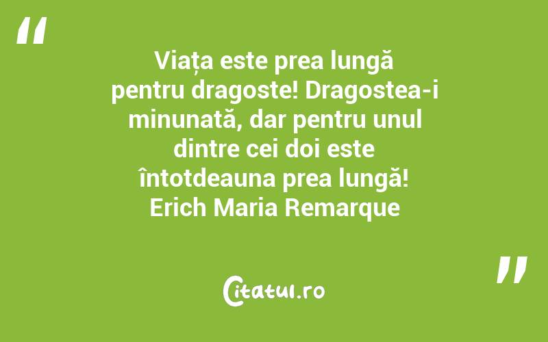 Viaţa este prea lungă pentru dragoste! Dragostea-i minunată, dar pentru unul dintre cei doi este întotdeauna prea lungă! Erich Maria Remarque

