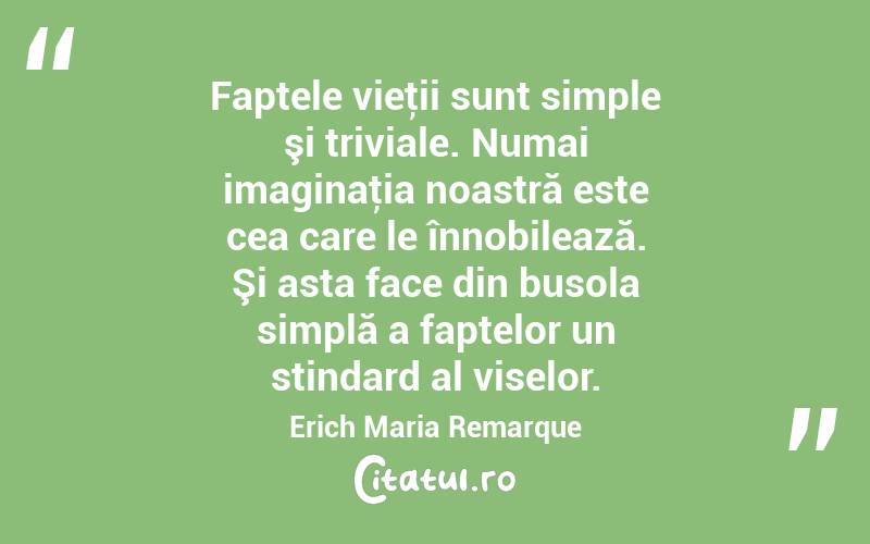 Faptele vieţii sunt simple şi triviale. Numai imaginaţia noastră este cea care le înnobilează. Şi asta face din busola simplă a faptelor un stindard al viselor. Erich Maria Remarque