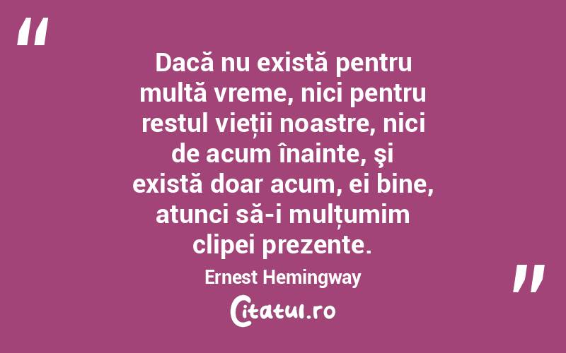 Dacă nu există pentru multă vreme, nici pentru restul vieţii noastre, nici de acum înainte, şi există doar acum, ei bine, atunci să-i mulţumim clipei prezente. Ernest Hemingway